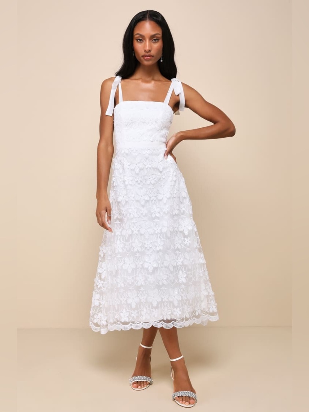 LULUS Striking Perfection White Embroidered Sequin Tie Strap Dress Small NWT